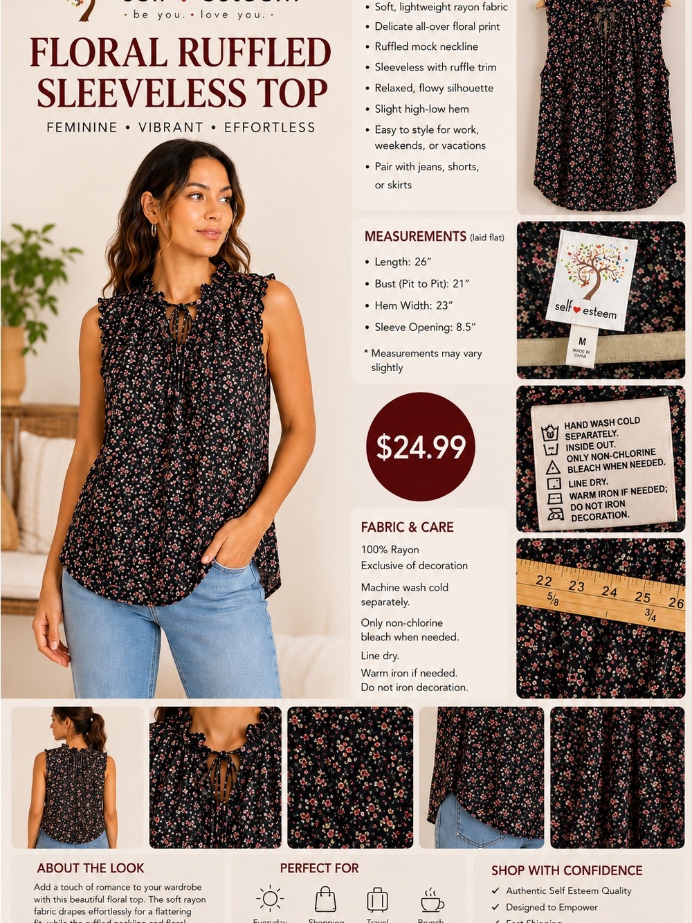 Self Esteem Black Sleeveless V-Neck Blouse with Pink Floral Print